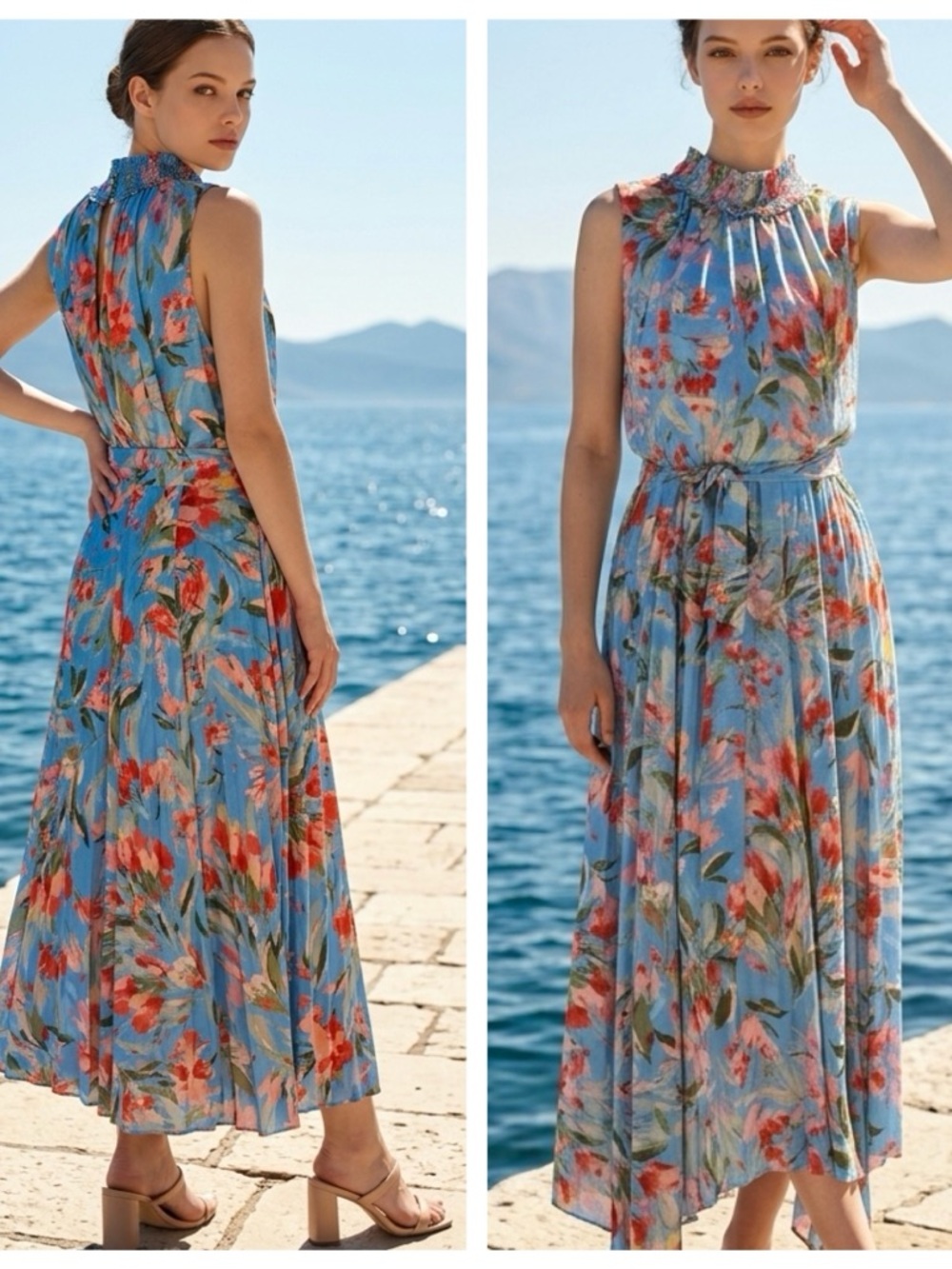 C est 1946 Women Sz 18/20W Floral Halter Maxi Dress Smocked Neck asymmetric Hem